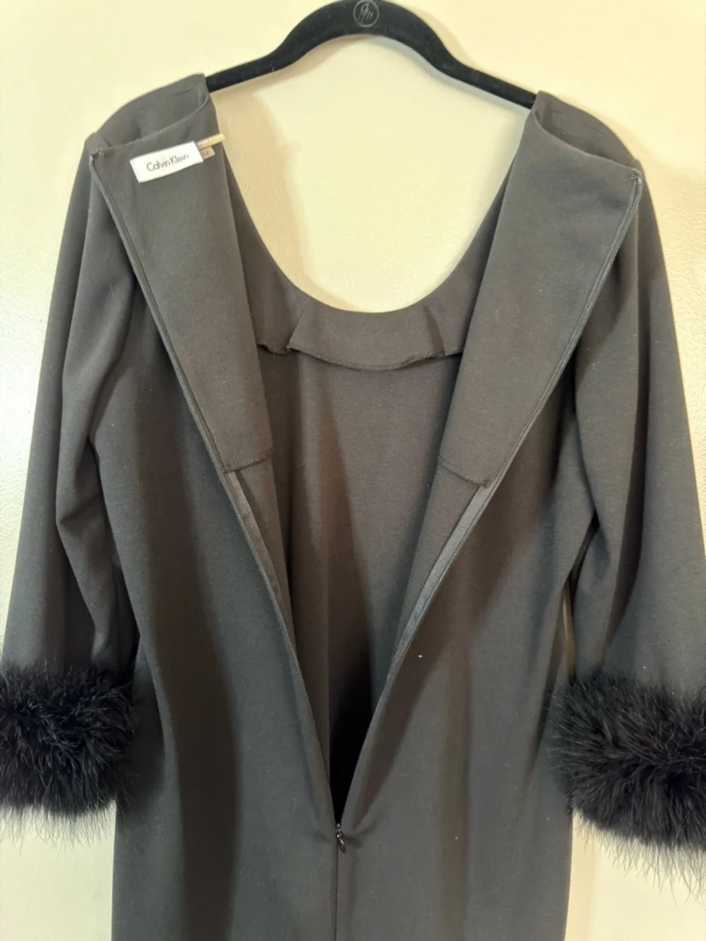 Calvin Klein Black Long-Sleeve Dress with Feather Cuffs - Picture 3 of 7